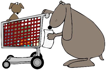 Graphic of dog with shopping cart